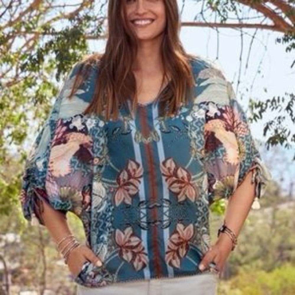 Johnny Was‎ Aran Georgia 100% Silk Floral Boho Ruched  Sleeves Tassel Trim Top - Picture 3 of 14